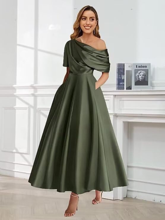 Satin Mother of The Bride Dress One Shoulder for Wedding A-line with Pockets Formal Dresses for Women3