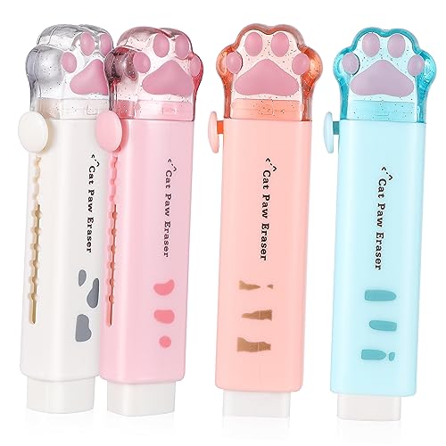 SOPOTUTU 4個 猫爪形状かわいい消しゴム 軽量コンパクトで使いやすい 収納式スライドプ 学生やアーティスト向け実用消しゴム