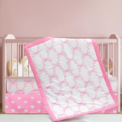 Image of Hahafelt 3 Pcs Baby Girls Crib Bedding Set Coquette Pink Bow Baby Bedding Set for Girls Coquettish Pink Heart Bow Infant Nursery Includes Quilt, Fitted Crib Sheet and Skirt