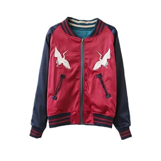 Jackor dam oversize höst elegant broderad långärmad med dragkedja bomberjacka mode flickor casual vintage pilotjacka Utförande rock, Vinröd, XXL