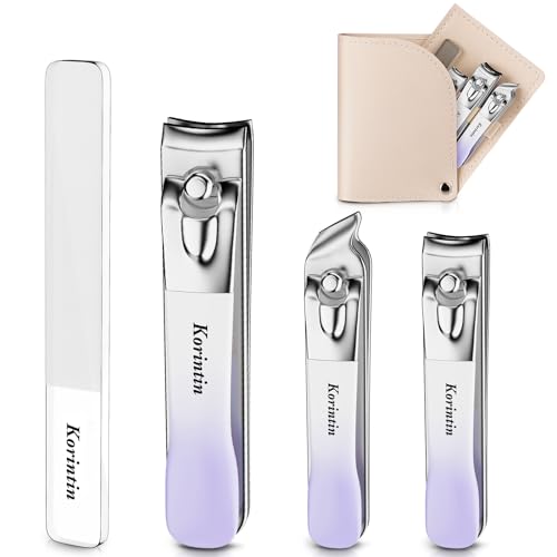 Korintin Juego de cortaúñas de 4 piezas, kit de cortaúñas de los pies con lima y funda de cuero, cortaúñas de acero inoxidable resistente, cortador de uñas para hombres y mujeres, herramientas de