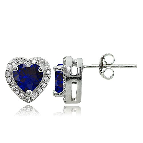 Sterling Silver Created Blue Sapphire and White Topaz Heart Halo Stud Earrings