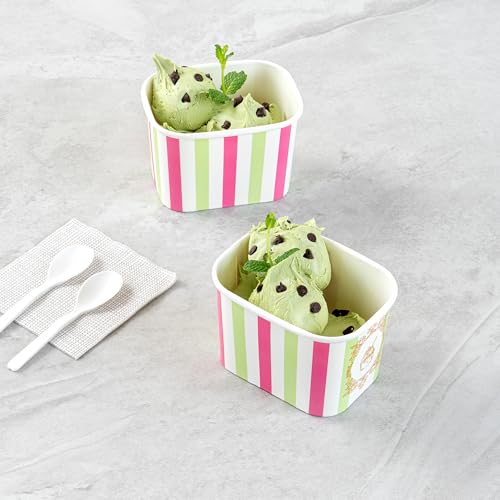 Image of Restaurantware Paper Cups 200 Count 12 Ounce Square Disposable Ice Cream Containers, Leak-Resistant Paper Dessert To Go Cups, Hot And Cold Food, Durable Green And Pink Stripe, Lids Sold Separately