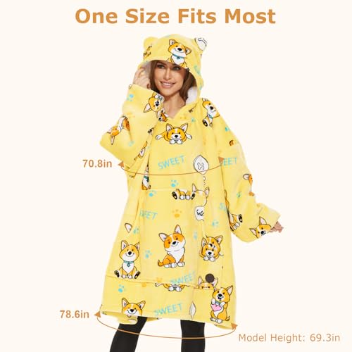 THREE POODLE Wearable Blanket Hoodie for Women, Oversized Sherpa Sweatshirt Blanket for Adults Men, Cozy Corgi Hooded Blankets, Gifts for Teen Girls Women Mom Sister