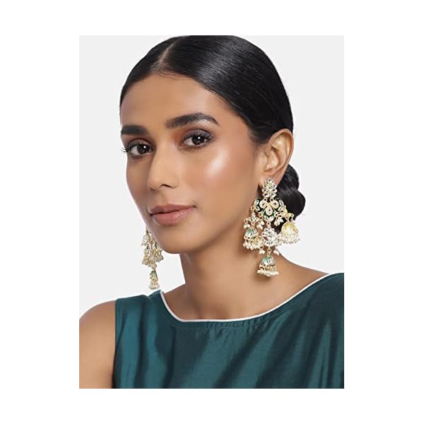 I Jewels 18k Gold Plated Kundan Pearl Studded Jhumki Dangle Earrings for Women (E2946) - Image 3