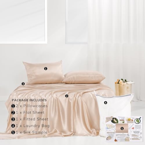 Image of PROMEED 100% 23 Momme Mulberry Silk Sheets Queen Set 4pcs, Champagne