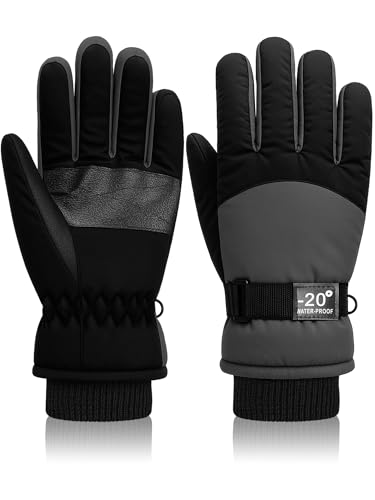 Geyoga Kids Waterproof Winter Snow Ski Gloves for Boy Girl Outdoor Warm Thickening Snowboard Gloves(6-10 Years,Gray)