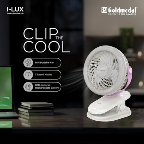 Image of Goldmedal I-Lux 100 mm Portable Desk Mounted Clip Fan| Multi-Clip Function| Type-C USB-Powered Rechargeable Battery with 6-7 Hours Backup| Bright Light | Personal Fan for Home & Office (White-Pink)