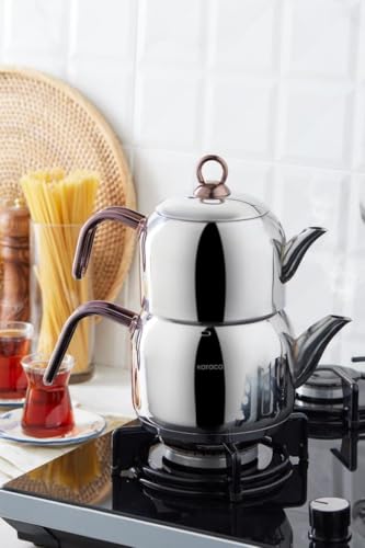 KARACA Urban Stainless Steel Induction Turkish Tea Kettle Set Medium Size 2.06 qt (1.95L) Water Kettle and 1.42 qt (1.35L) Teapot with Lid Rose Gold & Silver Double Teapot for Stove Top Tea Brewing