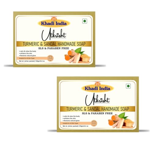 Image of Khadi Turmeric & Sandal Handmade Bathing Soap Bar 125g (Pack of 2) | Natural & Herbal | Glowing & Brightening Skin | For Even Skin Tone & Breakouts | All Skin Types | For Men & Women