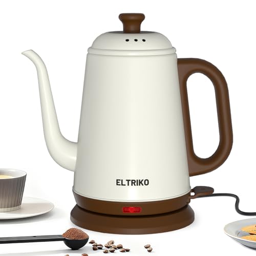 ELTRIKO Gooseneck Electric Kettle, 1L Water Boiler, Pour Over Coffee & Tea, 1000W Fast Heating, Stainless Steel, Auto Shut-Off & Boil-Dry Protection, BPA-Free (White)