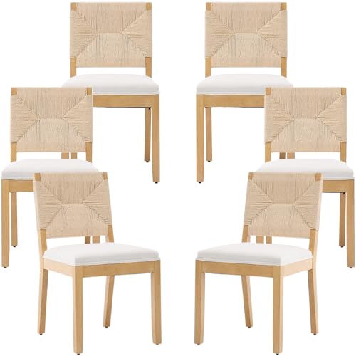 ODUSE-DAILY French Country Dining Chairs Set of 6 Beige Farmhouse Kitchen & Dining Room Chairs Boho Wood Dining Chair with Woven Back & Linen Upholstered Seat Solid Wood Frame