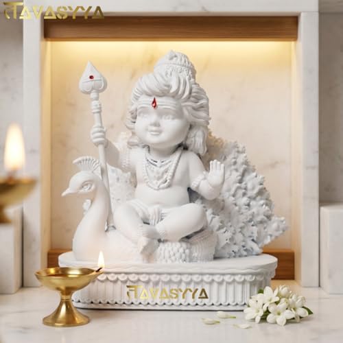 Image of Lord Murugan Idol | Bal Kartikeya /Skanda /Subrahmanya Swamy Statue with Peacock | for Mandir, Car Dashboard, Home Temple, Office Desk & Home Decor & Spiritual Gifting (Matte White)