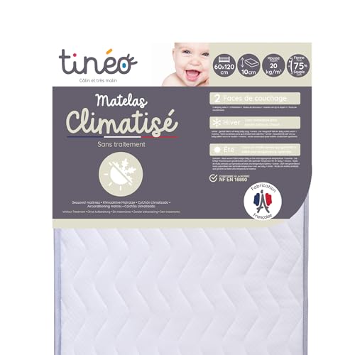 TINÉO – Klimaaktive matratze 60x120x10 cm – Babymatratze – klimatisiert – 1 Sommerseite – 1 Winterseite – unbehandelt – Dichte 20 kg/m3...
