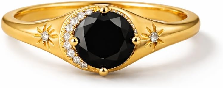 Black Onyx Ring for Women 14K Yellow Gold Celestial Star Engagement Ring Round Cut Black Gemstone with Diamond Accents Vintage Promise Anniversary Jewelry Gift