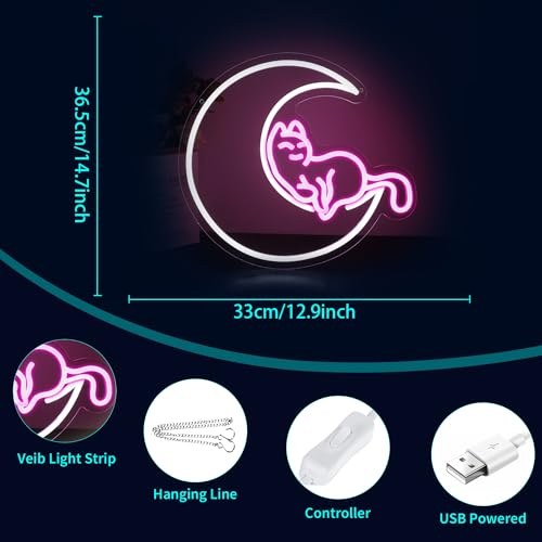 Image of Neon Sign, HSJNJKFU Moon Cat Neon Signs for Wall Decor White Pink LED Cat Signs for Man Cave Room Home Party Birthday Beer Signs - Neon Light USB Powered