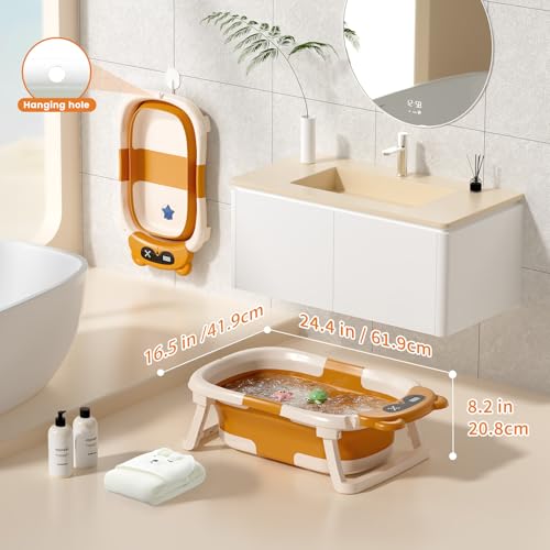 Image of Collapsible Baby Bathtub for Newborn to Toddler (0-18 Months) - Foldable Baby Bath Tub with Soft Towel, Newborn& Infant Bathtub for Travel and Outdoor, Brown