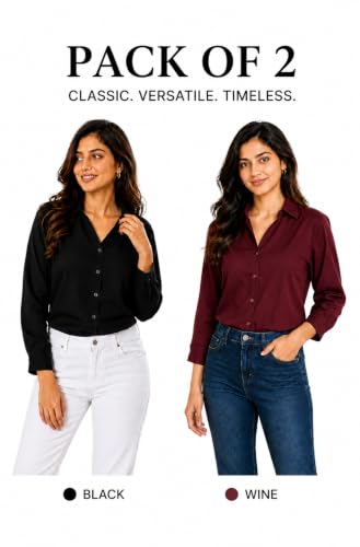 Image of FUNDAY FASHION Women Solid Regular Fit V Collered Casual Shirt (Pack of 2)