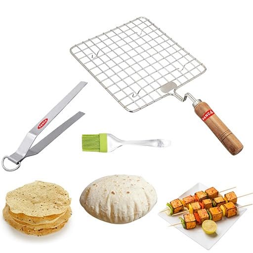 AADHIK Papad Jali Roast With Spatula and Tong, Paneer Grill, Roti Maker, Barbeque Square Jali Roaster Chapati Toast Grill Wooden Handle Vegetable tandoor net, Baigan Bharta-image-1
