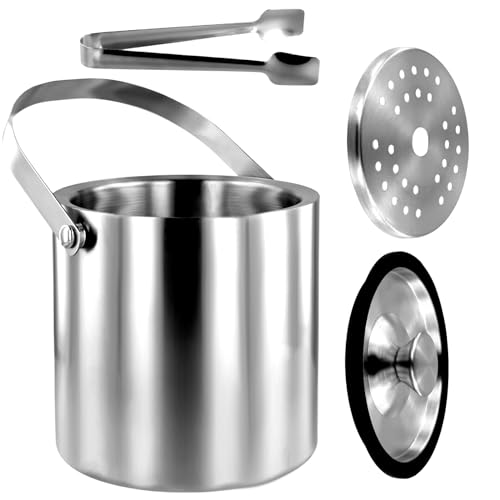 Ice Bucket with Lid Strainer Tong, Double Walled Stainless Steel Insulated Ice Bucket, 2L/3L Ice Bucket Container, Good Sealing Ice Cube Bucket with Silicone Cover for Cocktail Bar Parties (2L)