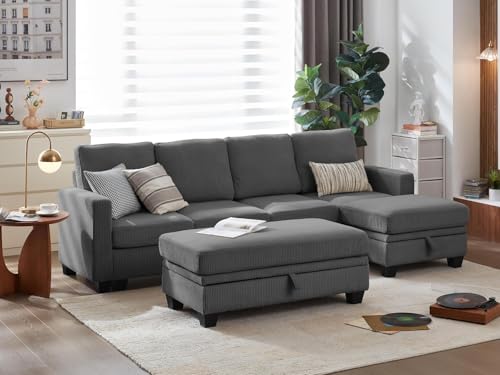 Image of CHIC HOUSE Corduroy Modular Sectional Couch with Ottoman Chaise, L /U Shaped Sleeper Sofa for Living Room, Apartment, Lounge, Modern Armrest Neck Support Furniture (Dark Grey, 7 Seater Sectional)
