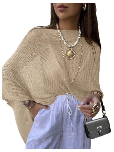 MakeMeChic Women's Plus Size Poncho Sheer Cover Up Tops Boat Neck Y2K Knitted Sweater