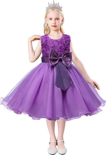 Acecharming Toddler Girls Dress, Purple 3D Rose Bow-Knot Sleeveless Tutu Tulle Girls Kids Dress for Graduation Wedding Bridesmaid Pageant Ball Gowns Birthday Party Dress for Girls 7-8 Years2