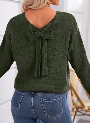 Image of EVALESS Sweaters for Women Long Sleeve Fall Outfits 2026 Back Bow Knot Sweaters Round Neck Solid Knit Pullover Tops