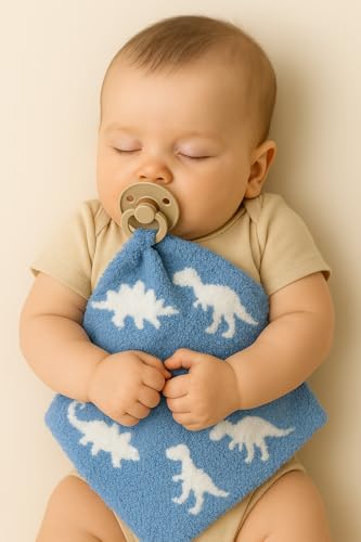 Image of L+L USA Dinosaur Baby Lovey Pacifier /Teether Holder 10 inchx10 inch - DreamSoft Plush Fluffy Cuddly Soothie Reversible Mini Comfort Blanket - Newborn Gift Essential Babies Boys Girls (Baby Blue /White)