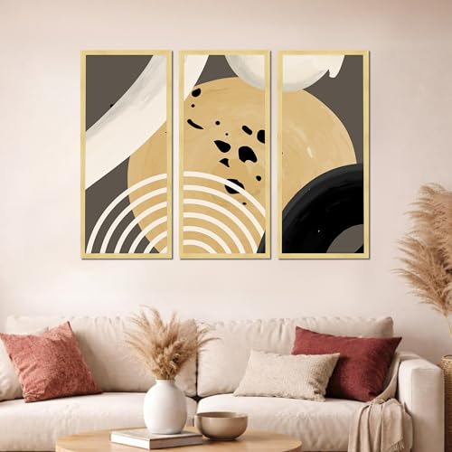 Image of PAINTINGMANTRA Abstract Modern Framed Wall Art Set of 3 | Contemporary Geometric Boho Wall Decor | Engineered Wood Frame Art for Living Room, Bedroom & Office, 8.9x18.9 Inch