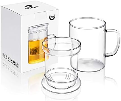 Lezero Glass Tea Infuser Cup with Infuser Basket and Lid for Steeping, Heat Resistance Borosilicate Glass Teacup for Loose Leaf Tea Brewing, Lead-free, Microwave & Dishwasher Safe, 14oz/400ml