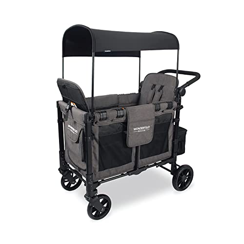 Image of WONDERFOLD W2 Elite Double Stroller Wagon Featuring 2 High Face-to-Face Seats with 5-Point Harnesses, Adjustable Push Handle, and Height Adjustable UV-Protection Canopy, W2 Elite Gray
