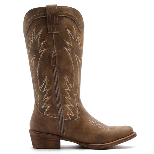 Image of GLOBALWIN Women's Square Toe Cowgirl Boots Classic Mid-Calf Cowboy Boots With Embroidered Stitching Low Heel Comfortable Western Boots For Country Outfits