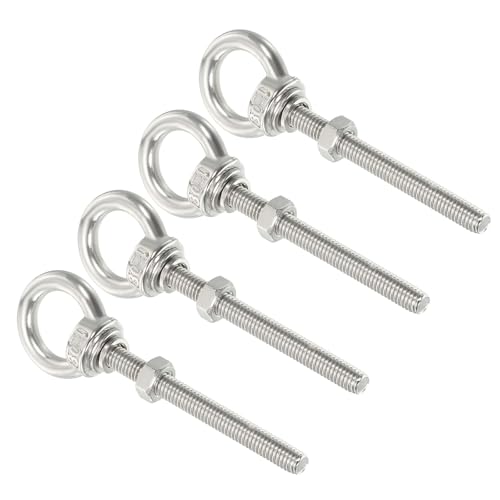 Image of uxcell M4*50 3 /16 inchx1.97 inch Stainless Steel Eye Bolts Threaded Screw Eyebolt Shoulder Ring with Nuts Washers for Lifting Hanging, 4 Set