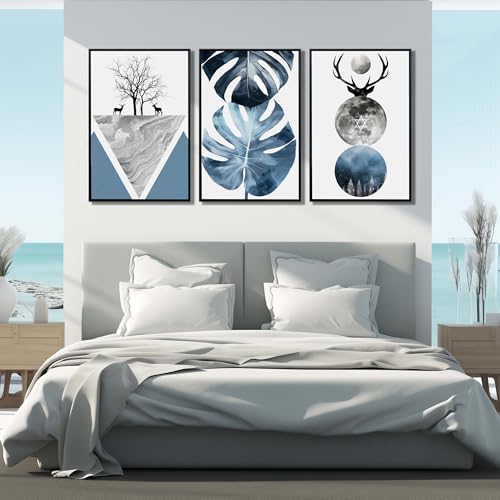 Image of Boho Canvas Wall Art Set of 3 with Black Frame, Abstract Minimalismt Bohemian Deer & Tropical Leaf Pictures Prints Artwork Paintings Wall Decor for Bedroom Living Room Home Decoration 24x36 inches