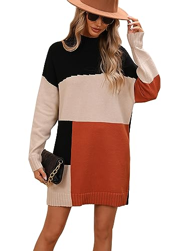 Image of yoeasy Women's Color Block Knit Tunic Sweater Dress Crew Neck Long Sleeve Mini Tunic Pullover Sweater