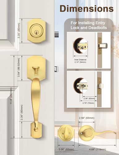 Image of Tinewa Camelot Brushed Gold Front Door Handle and Deadbolt Set, Front Door Lock Set, Satin Brass Finish, Upgated Entry Door Handle with Accent Wave Door Lever with Reversible Handle Lever, 1 Pack
