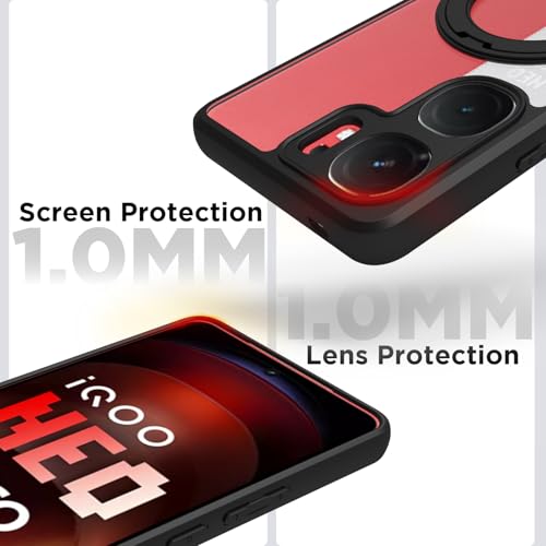 Image of RIGGEAR Shockproof Sleek Hybrid Armor 360 Rotating Magnetic Ring Stand Back Cover Case Compatible with MagSafe Accessories for iQOO Neo 9 Pro 5G (Clear PC + Black TPU Bumper)