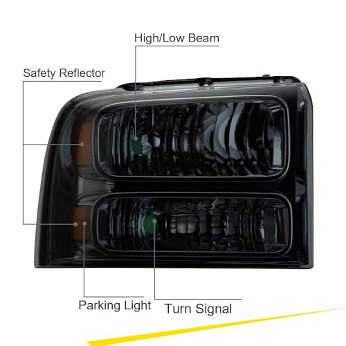Image of GRAND ORANGE Pair Headlights Assembly, Compatible with Ford F250 F350 F450 F550 Super Duty 2005-2007, Fit Ford Excursion 2005, Left Driver & Right Passenger, Smoky Lens Chrome Housing Amber Reflector