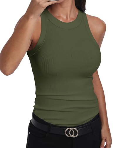 GEMBERA Womens Sleeveless Racerback High Neck Casual Basic Cotton Ribbed Fitted Tank Top