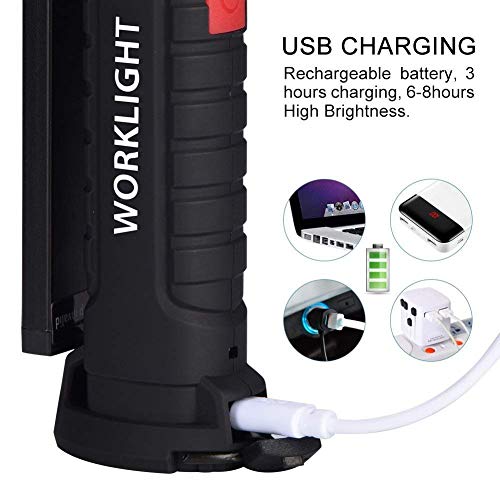 Lampada da Lavoro 800LM Ultra Luminoso, USB Ricaricabile COB Lampade di Ispezione, Lampada portatile con Base Magnetica e Gancio Appeso, Torcia 5 Modalità 6000k Lanterne per Riparazione Auto Emergenza