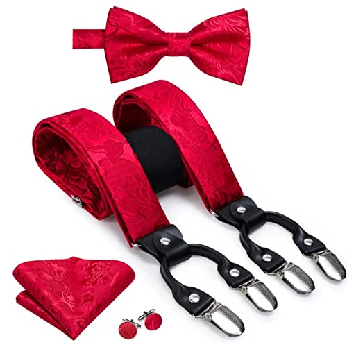 Zydxdll Silk Mens Suspenders Red Floral 6 Clips Braces Bowtie Pocket Square Cufflinks Set For Men Suspender Wedding Party (Color : Red, Size : One Size) #TOP3