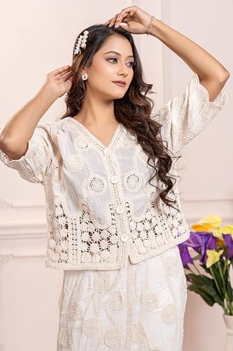 Image of CHEVAUX Womens Embroidered Crochet Co-ord Set Self Design Straight Skirt with Shrug Jacket Ethnic Western Outfit for Women and Girls Casual Partee-Wear Summer Dress Set