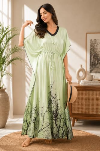 Image of Noty Women's Kaftan Nighty | Digital Print | Sarena Fabric | V Shaped Neck Nightwear | Nightdress for Girl