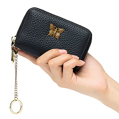 Image of imeetu RFID Credit Card Holder for Women Small Leather Zipper Card Case Wallet with Removable Keychain (Black) | Genuine Leather Card Case Wallet with Zipper and Removable Keychain, 12 Card Slots & 2 Cash Pockets, Daily, Travel, Gifts