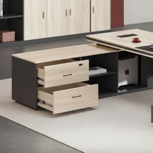 Image of Luxury Modern L-Shape Director Table with Integrated Side Storage, Light Wood Finish, Open Shelves, Soft-Edge Panels & Spacious Executive Worktop (LDL-766 MDFL L6W3)