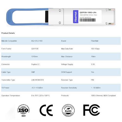 Image of FiberMall 100G QSFP28 LR4 Optical Transceiver Module,100GBASE-LR4 QSFP28 1310nm 10km LC SMF DOM, Compatible with Mikrotik XQ+31LC10D