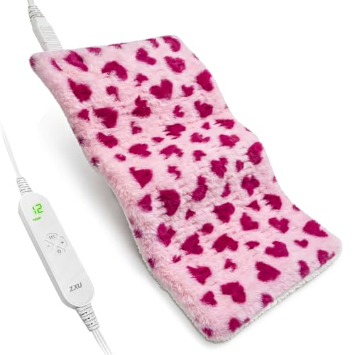 ZXU Heating Pad for Back Pain and Period Cramps Relief Ultra Soft Sherpa Heating Pad 12 Heat Settings 8 Timer Settings Stay on Function Hot Heated Pad Cute Pink Heart Pattern 12 x 24 Inch