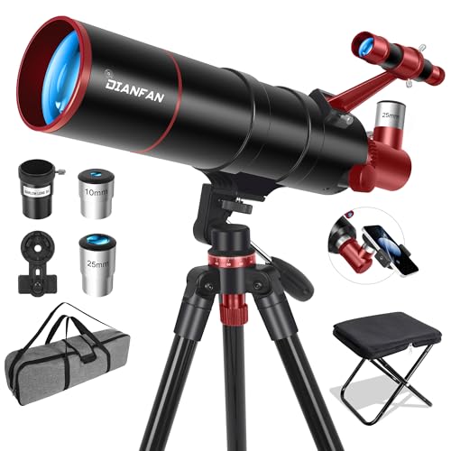 Dianfan Telescópio telescópio 90/550 astronomia para adultos, telescópios refratores para iniciantes com adaptador de telefone, montagem AZ, tripé, bolsa de transporte e banco dobrável