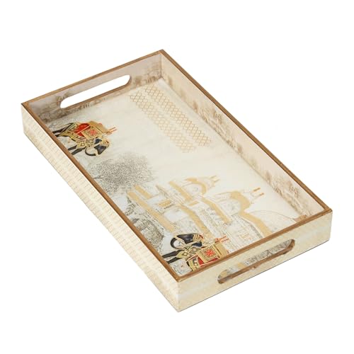 Image of Set of 3 Waterproof Wooden Trays - Royal Heritage Design with Palace & Elephant Artwork, Multipurpose Lacquer Coated MDF Serving Trays (16x10, 14x8, 12x6 Inches)(Setof3- WhiteElephant)